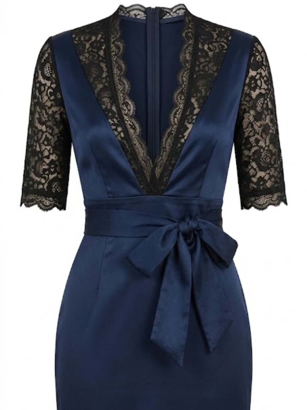 Mooyius Elegant Lace-Trim V-Neck Belted Midi Dress M